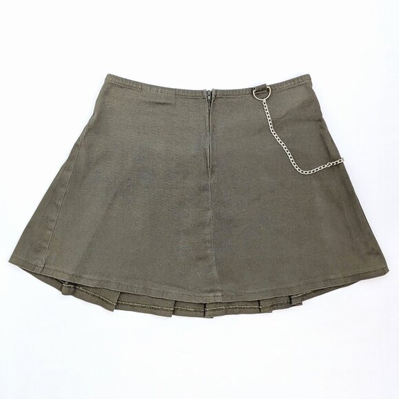 VTG 00s Y2K Marla Kim Khaki Green High-Waisted Pleated Mini Skirt with Chain - Picture 2 of 5